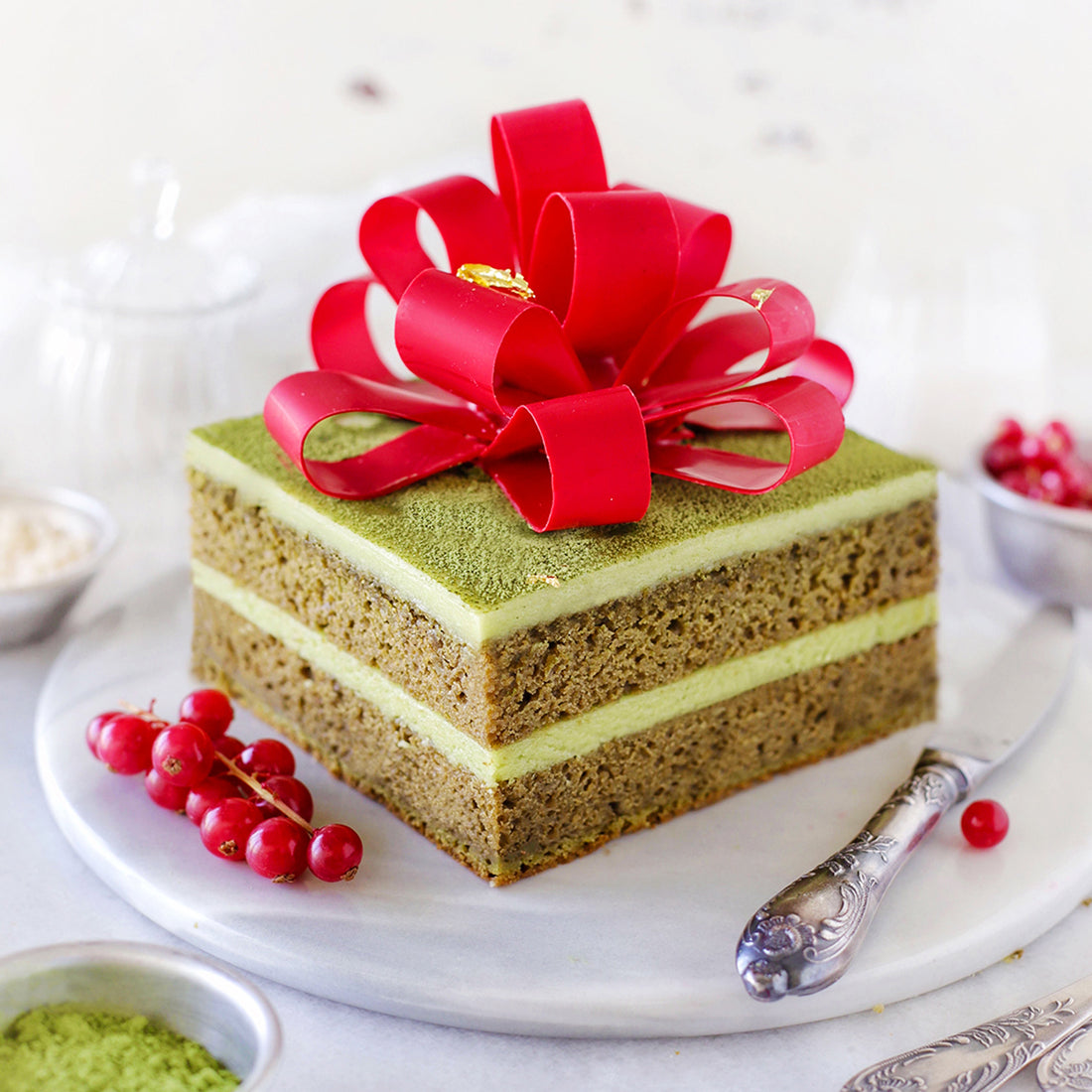 Suncore Foods Matcha Cake with Homemade Chocolate Ribbon