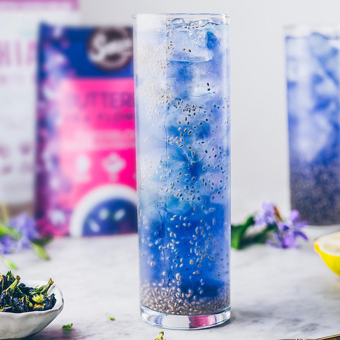 Suncore Foods Blue Butterfly Pea Flowers White Peach Lemonade Chia Tea