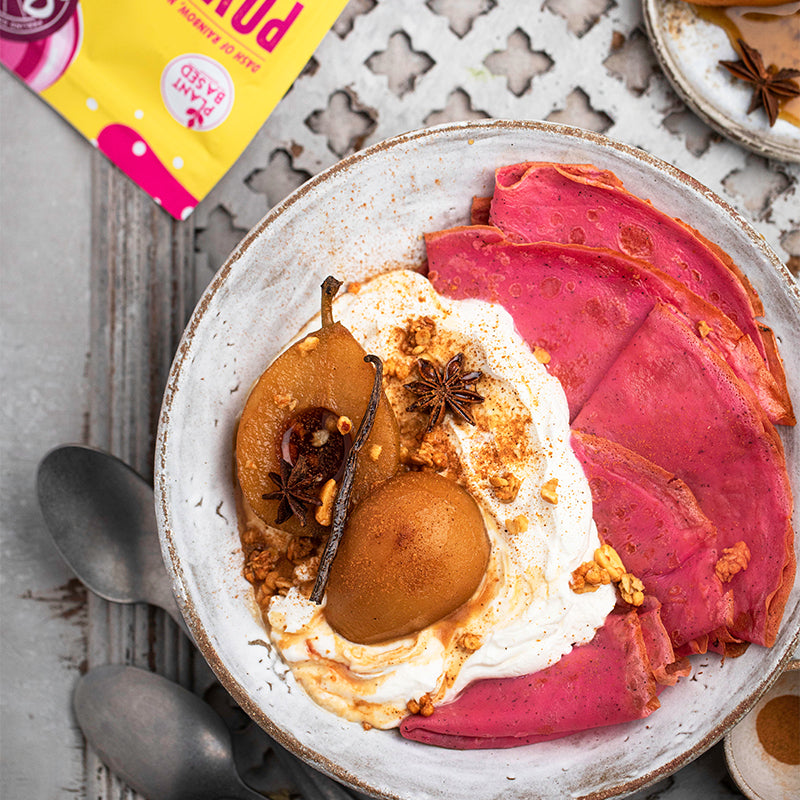 Suncore Foods Power Pink Pitaya Crepes with Yogurt and Poached Pears