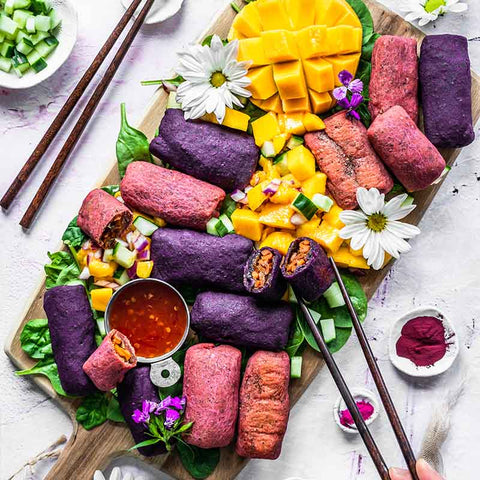 Crunchy Rainbow Baked Spring Rolls with Mango Salad
