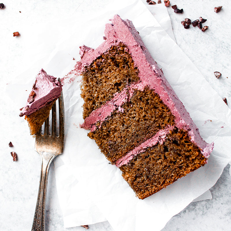 Suncore Foods Garnet Elderberry Swiss Meringue Buttercream Cacao Nibs Spice Cake