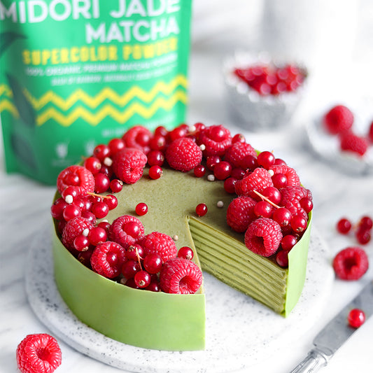 Suncore Foods Matcha Mille Crepe Cake with Matcha Coconut Whipped Cream and Raspberries