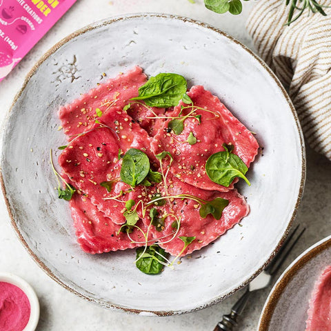 Pink Pitaya Cheese Ravioli Sprinkle with Hemp Seeds and Microgreens