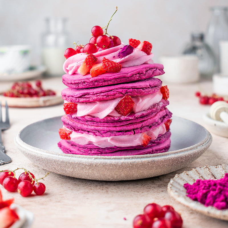 Suncore Foods Power Pink Pancakes with a Strawberries and Cream Cheese Buttercream