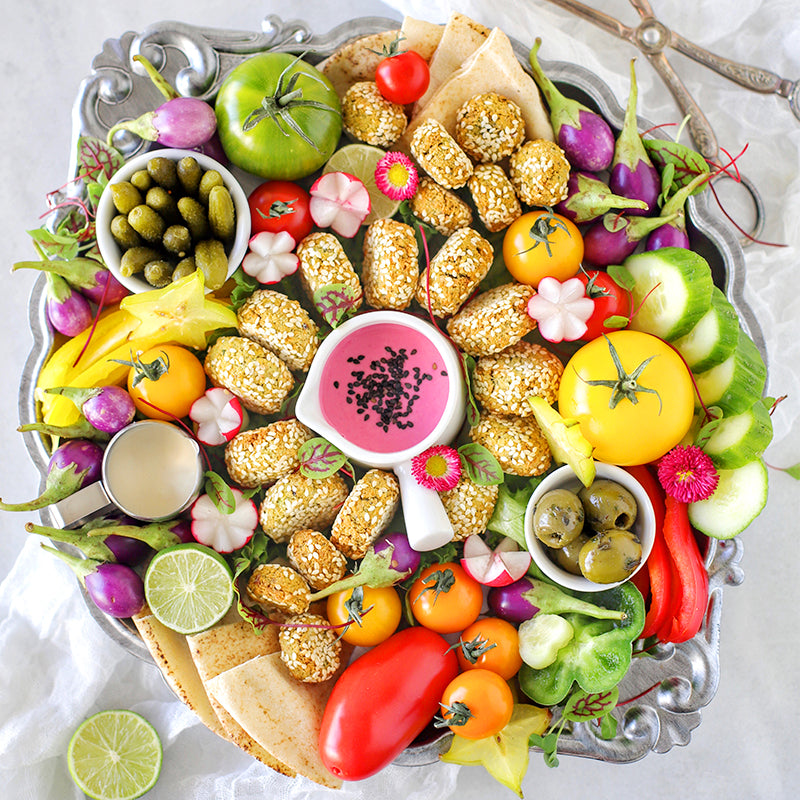 Suncore Foods Red Beet Tahini Dip and Mediterranean Platter with Healthy Homemade Falafel