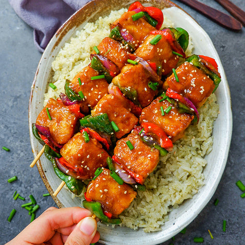 Red Beet Glazed Tofu Skewers with Pandan Rice